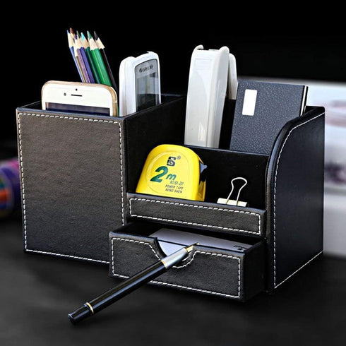 KINGFOM Desk Organizer Office Supplies Caddy Pu Leather Multi-function Storage Box Pen/Pencil,Cell phone, Business Name Cards Remote Control Holde...