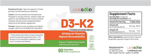 LIVEGOOD™ Vitamin D3 + K2 All Natural Bone, Muscle & Immune System Support, Vegan & Non-GMO, 60 Capsules...