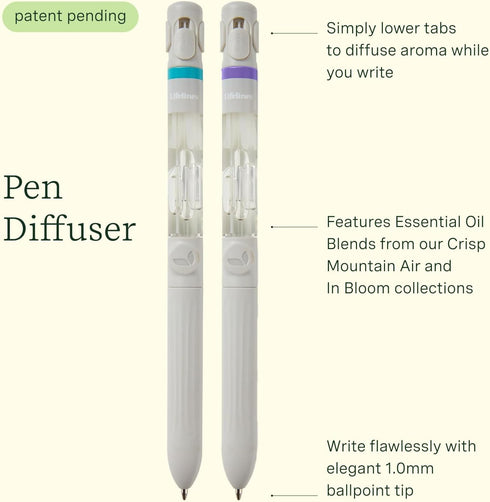 Lifelines 2 Pack Pen Diffuser in in Bloom & Crisp Mountain Air Essential Oil Blends, Elegant 1.0mm Ballpoint Tip, Black Pen, Ink Refill Included...