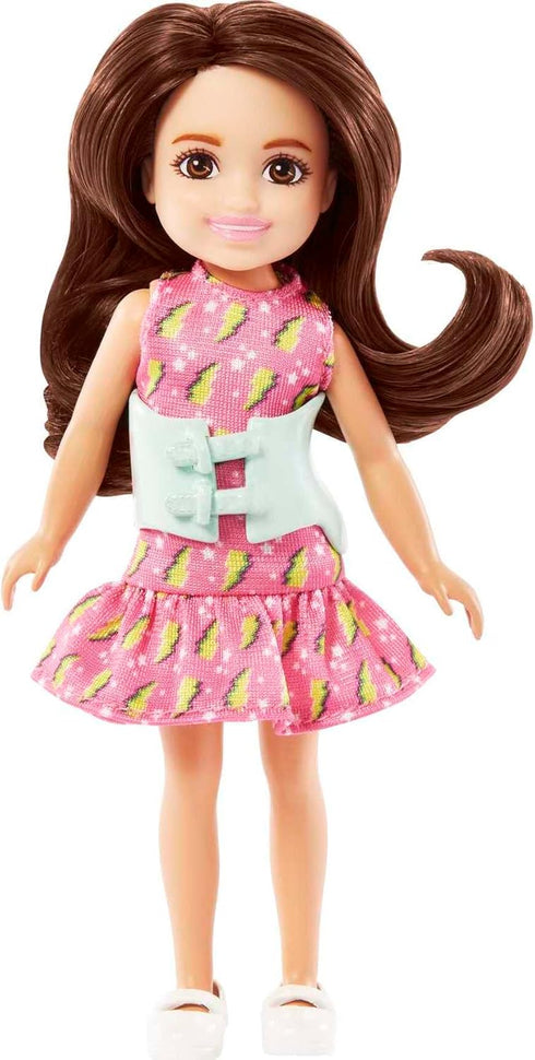 Barbie Chelsea Doll, Small Doll with Brace for Scoliosis Spine Curvature, Brunette Wearing Pink Lightning Bolt Dress...