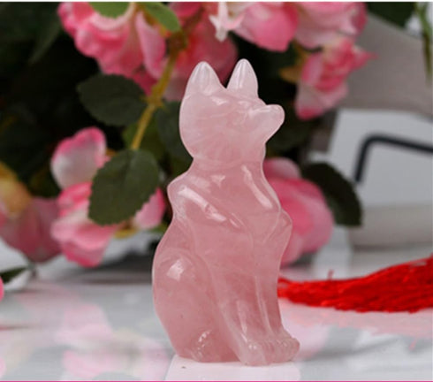 AITELEI Natural Hand Carved Pink Rose Quartz Fox Statue Charm Good Luck Grouding Stone Protection for Home Decora...