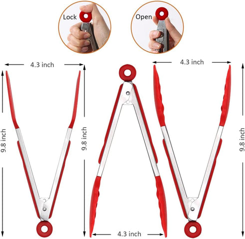 9 Inch Small Kitchen Tongs Set of 3, Silicone Cooking Tongs with Silicone Tips and Stainless Steel Handle, Silicone Tongs for Cooking, Serving(Red...