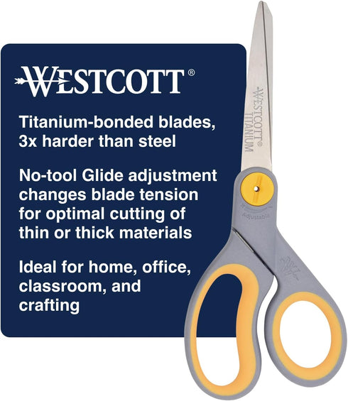 Westcott 8-Inch Titanium-Bonded Scissors with Adjustable Glide Feature for Office and Home - Gray/Yellow...