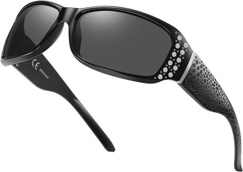 Women's Polarized Rhinestone Sunglasses - Elegant Rectangle Frame with Bling UV400 Protection...