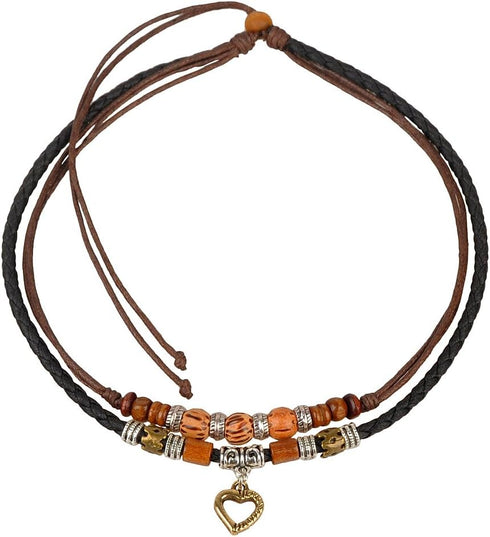 Leather and Hemp Cord Choker Necklace with Heart Pendant and Mixed Beads...