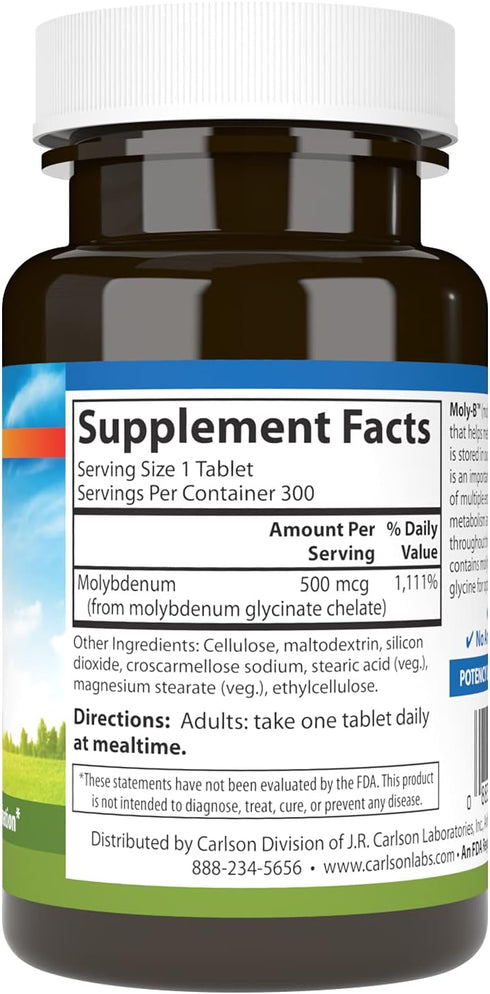 Carlson - Moly-B, Chelated Molybdenum Supplements, Metabolism Support & Enzyme Activation, Molybdenum Glycinate Chelate, 300 Vegetarian Tablets...
