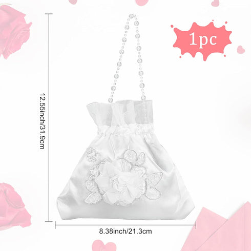 CRASPIRE Wedding Bride Handbag 8.38x8.7 Rose Satin Bridal Wedding Money Bag White Rose Embroidery Silk Drawstring Bag with Pearl for Dollar Dance ...