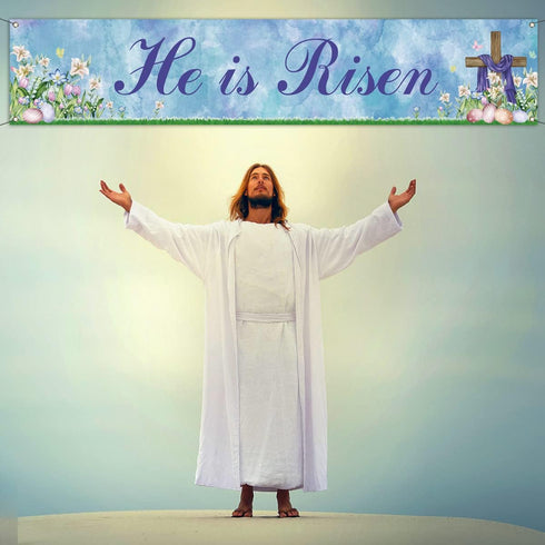 He is Risen Fence Banner Easter Christian Cross Lily Eggs Religious Party Photo Booth Backdrop Yard Outdoor Decoration...