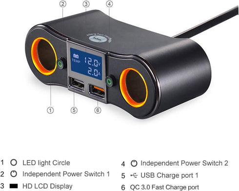 Dual USB Quick Charge QC3.0 Car Charger Adapter 2-Socket Cigarette Lighter Adapter with LED Voltmeter Suitable for Mobile Phones, car DVR, Navigat...