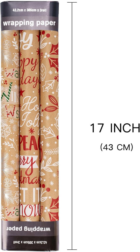 LeZakaa Christmas Kraft Wrapping Paper - Mini Roll - Snowflake/Berry Leaves/Happy Holidays Lettering for Gift Wrap, Arts Crafts - 17 x 120 inches ...