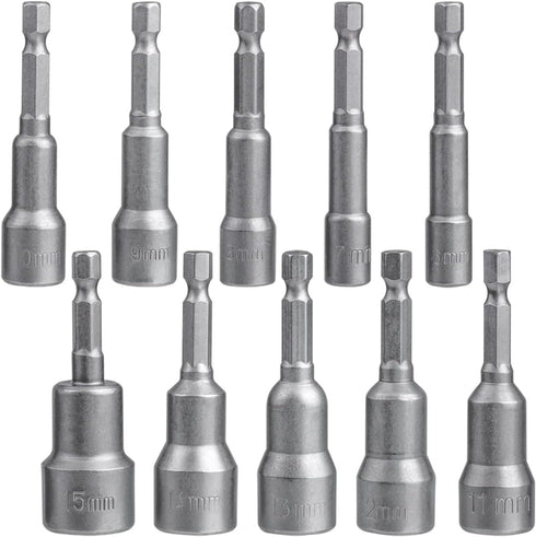 Mesee 10 Pieces 1/4 Inch Hex Shank Magnetic Power Impact Nut Driver Set Hex Socket Nut Setters Driver Drill Bits 6-15 MM Drive Wing Nut Driver Soc...