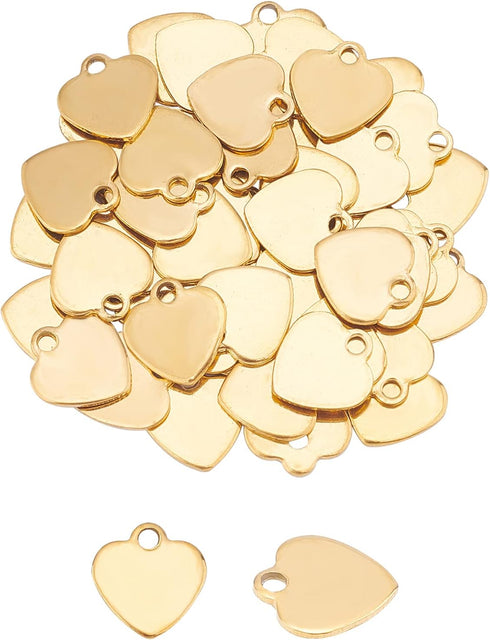 UNICRAFTALE 50pcs Golden Heart Charm Stainless Steel Love Pendant Flat Heart Charm 1.2mm Hole Blank Metal Tiny Pendant for DIY Jewelry Making 9.5m...