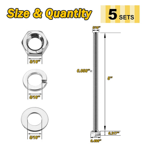 (5 Sets) 5/16-18x5" Hex Head Stainless Steel Bolts and Nuts with Flat & Lock Washers, 304 Stainless Steel 18-8, Fully Threaded, 5/16 Bolt, Bolts a...