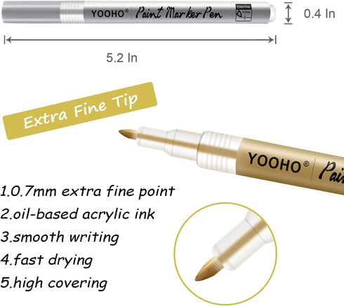 Paint Pen Gold Silver Metallic Permanent Acrylic Markers Set for Fabric Glass Rock Wooden Ceramic Leather Tire Painting, 0.7mm Extra Fine Tip (3pc...