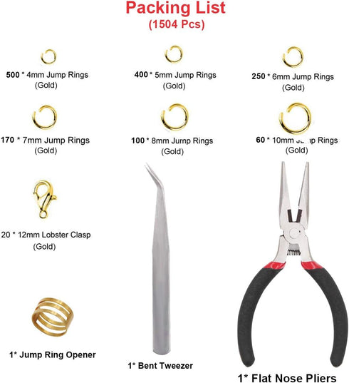 EuTengHao 1504Pcs Gold Open Jump Ring and Lobster Clasps Kit Jewelry Making Repair Supplies Kit with Jewelry Pliers Tweezers for Necklace Jewelry ...