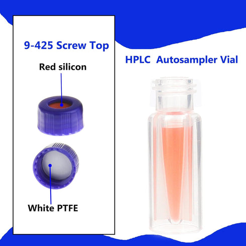 2ML Polypropylene Vials, 9mm Short Thread Vial with Micro Volume 300µL, Blue Screw Cap with Hole, WhitePTFE&Red Silicone Septa, for Ion Chromatogr...