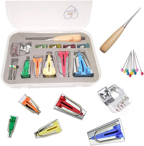 HONEYSEW Bias Tape Maker Kits All 5 Sizes 6MM 9MM 12MM 18MM 25MM Binding Foot Craft Clips Awl Quilter's Pin...