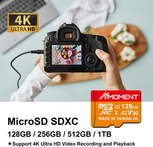 MMOMENT 128GB Micro SDXC Card MM23, A2, UHS-I, U3, V30, Class 10 Compatible, Read Speed Up to 160 MB/s, Write Speed Up to 100 MB/s, SD Adapter Inc...