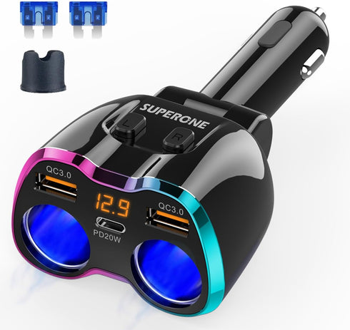 2024 Upgraded Cigarette Lighter Splitter, SUPERONE 180W 2-Socket Cigarette Lighter Adapter with Dual QC3.0 and 20W PD USB C Car Charger Splitter f...