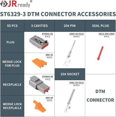 JRready ST6329-3 Deutsch DTM Gray 3 Pin Connector(4 Set), Waterproof Electrical Wire Connectors with Size 20 Stamped Contact and Seal Plugs for Tr...