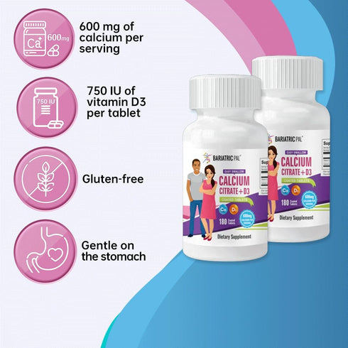 BariatricPal Easy Swallow Calcium Citrate (600mg) and D3 Coated Tablets (30-Day Supply)...