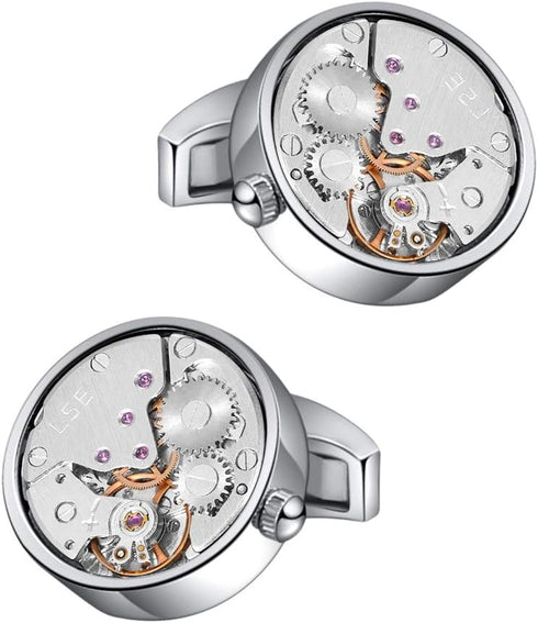 Mr.Van Men's Cufflinks - Rhodium-Plated Brass Steampunk Gear Design, Non-Rotating Watch Movement - Gift Box Included...