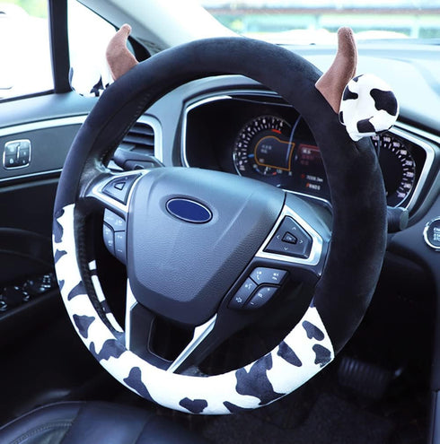 Cow Print Plush Warm Steering Wheel Cover Cute Animal Car Steering Wheel Cover for SUV Van Sedan Car Truck Gift for Women, Universal 15"...
