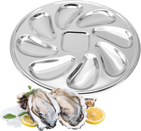 3 Pack Oyster Plate, Stainless Steel 8 Slots Oyster Grill Pan with Center Slot Multi-Functional Grill Pan for Oysters and Scallop, Sauce and Lemon...