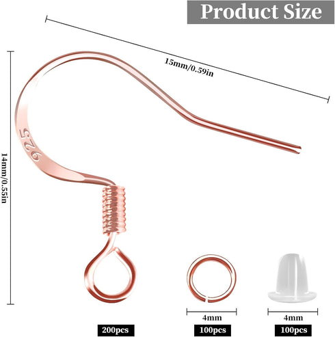 200 PCS/100 Pairs Rose Gold Tone Earring Hooks 925 Sterling Silver Plated Hypoallergenic Ear Wires Fish Hooks with 100 PCS Silicone Earring Backs ...