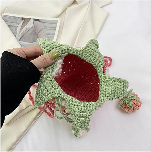 Handmade Knitted Purse Wool Woven Bag Strawberry Shaped Shoulder Bag for Women Crossbody Bag with Drawstring...