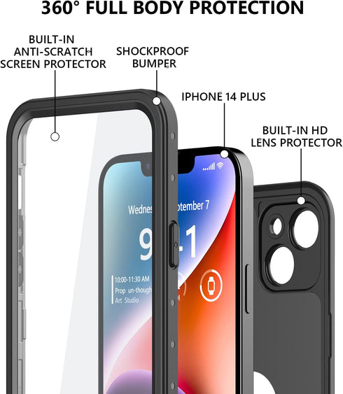 for iPhone 14 Plus Waterproof Case with Built-in Screen Protector, Shockproof Dustproof Full Body Protective IP68 Waterproof Phone Case for iPhone...