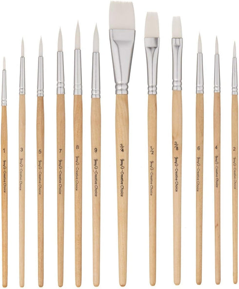 Jerry Q Art 12 PC White Synthetic Hair Round and Flat Paint Brush Set with Short Wood Handle for Acrylic, Watercolor and All Media JQ17931...