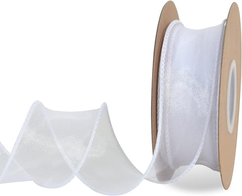 TONIFUL 1-1/2 Inch Wide White Wired Chiffon Ribbon Sheer Organza Ribbons for Crafts Floral Bouquets Wedding Car Party Decorations Valentine's Day ...