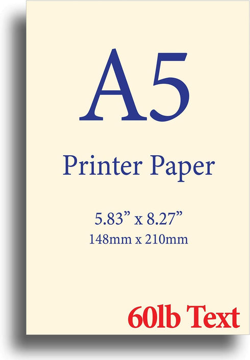 Natural Cream A5 Printer Paper - 8.3"x 5.83" - 60lb Text (90 gsm) - 100 Sheets...