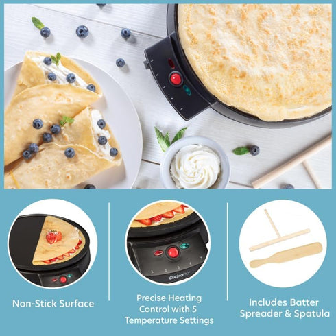 12" Griddle & Crepe Maker, Non-Stick Electric Crepe Pan w Batter Spreader & Recipe Guide- Dual Use Hot Plate for Blintzes, Eggs, Pancakes- Portabl...