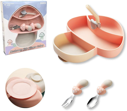 Silicone Suction Plate for Toddlers, Spoon, Fork, Baby Eating Essentials, Toddler plate and Utensils Set(Silicone Baby Feeding Set - Pink Mushroom...
