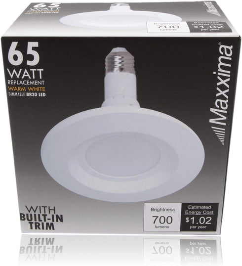 Maxxima Dimmable BR30 LED Bulb, Built-in Trim, 65 Watt Equal Downlight, 2700K Warm White 700 Lumens, 90 CRI, Energy Star...