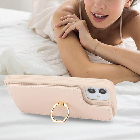 for iPhone 11 Phone Case with Card Holder and Strap for Women,Crossbody Lanyard,Kickstand Ring Stand,Snap Clasp,Phone Wallet Cases 6.1 inch(Beige)...