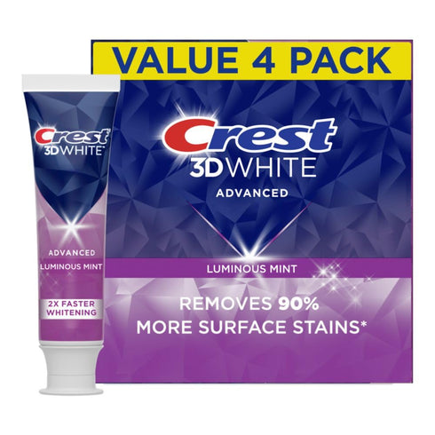 Crest 3D White Advanced Luminous Mint Teeth Whitening Toothpaste, 3.7 oz Pack of 4 - Helps Remove Surface Stains, Whitens Teeth, Strengthens Tooth...