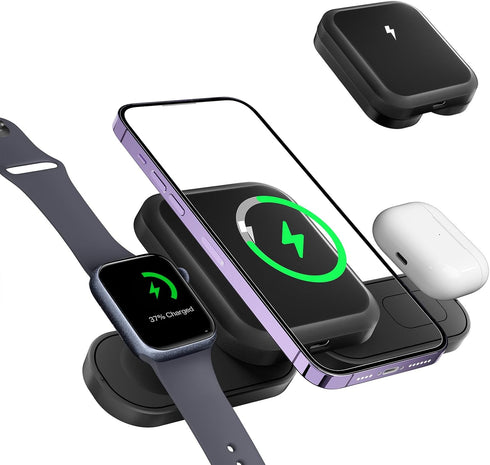 3 in 1 Wireless Charging Station for Apple Multiple Devices, Wireless Charger Foldable Wireless Magsafe Charger for iPhone 15 14 13 12 11, for iWa...
