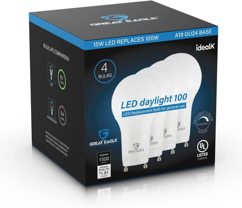Great Eagle Lighting Corporation 15W (100W Equivalent) GU24 LED Light Bulb Dimmable 5000K Daylight, UL, replace CFL Twist-in 2 Prong (4-Pack)...