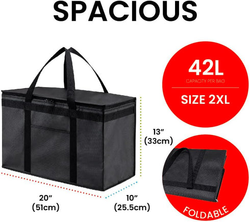 XXL Insulated Cooler Bag and Food Warmer for Delivery & Grocery Shopping with Zippered Top, Black (1 pack)...