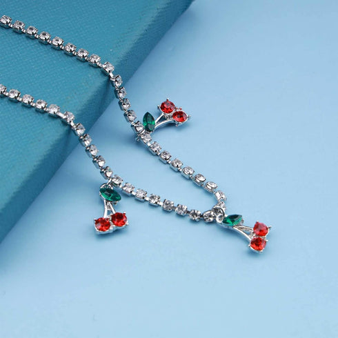 Bohemian Cherry Anklets Cubic Rhinestone Dangle Ankle Bracelets Silver Tassel Fruit Anklet Sparkle Tennis Chain Anklets Foot Jewelry for Women...