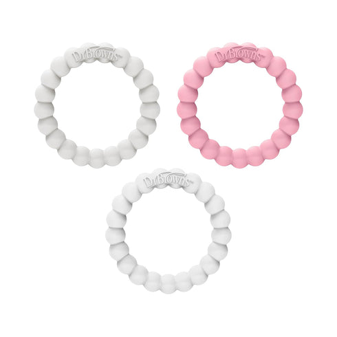 Dr. Brown's Flexees Beaded Teether Rings, 100% Silicone, Soft & Easy to Hold, Encourages Self-Soothe, 3 Pack, Pink, White, Gray, BPA Free, 3m+...