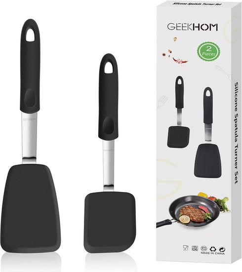 Silicone Spatula Turner Set of 2, GEEKHOM 600°F Heat Resistant Flexible Kitchen Small Spatulas Set for Nonstick Cookware, Cooking Utensils Non Scr...