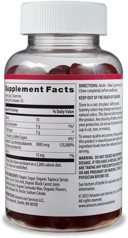 Amazon Basics Vitamin B12 3000 mcg Gummies, Normal Energy Production and Metabolism, Immune System Support, Raspberry, 100 Count (2 per serving) (...