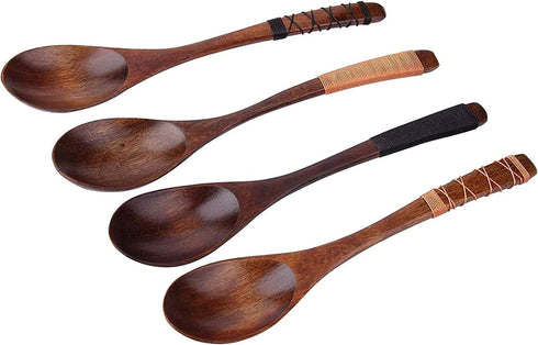4pc-Handmade Japanese Style Wooden Soup Spoons with Tied Line on Handle...