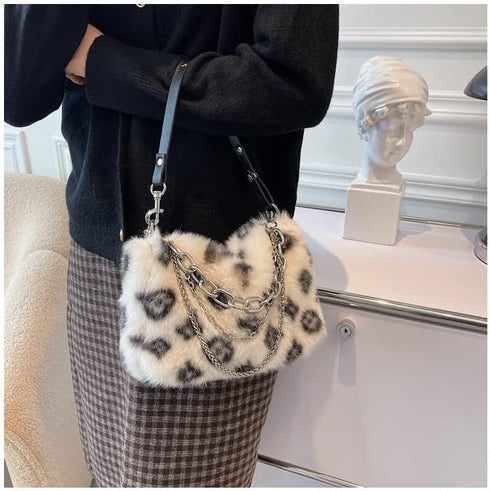 2022 New Leopard Print Plush Shoulder Cross-body Bag Fashion Chain One-shoulder Armpit Tote Y2K Purse Hobo Bag...