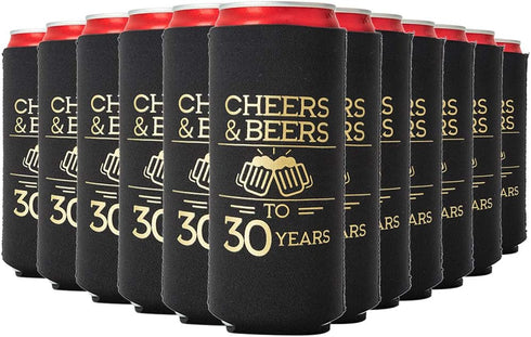 Cheers and Beers to 30 Years Can Coolers, Set of 12 - Black and Gold 30th Birthday Decorations and Party Favors for Men and Women - Cheers to 30 Y...