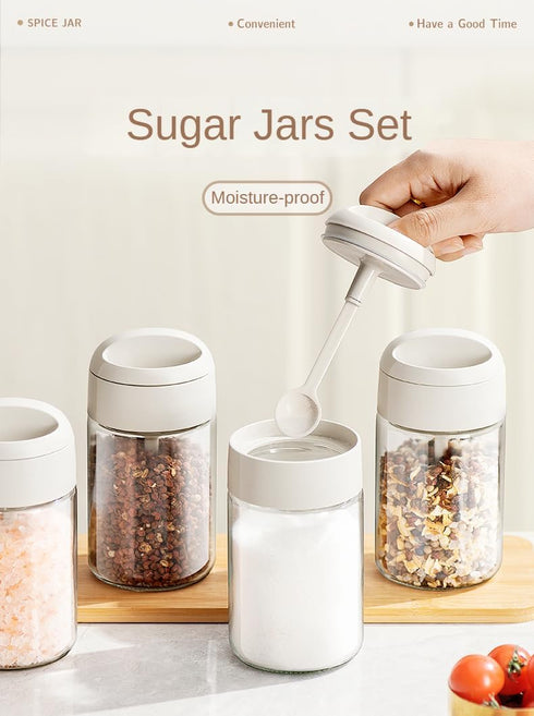 Spice jars 2 Piece, with airtight Lid and Spoon Glass Condiment Pot,8.8oz sugar and salt container,for Kitchen Counter Keeping Sugar,Salts,Spice,S...